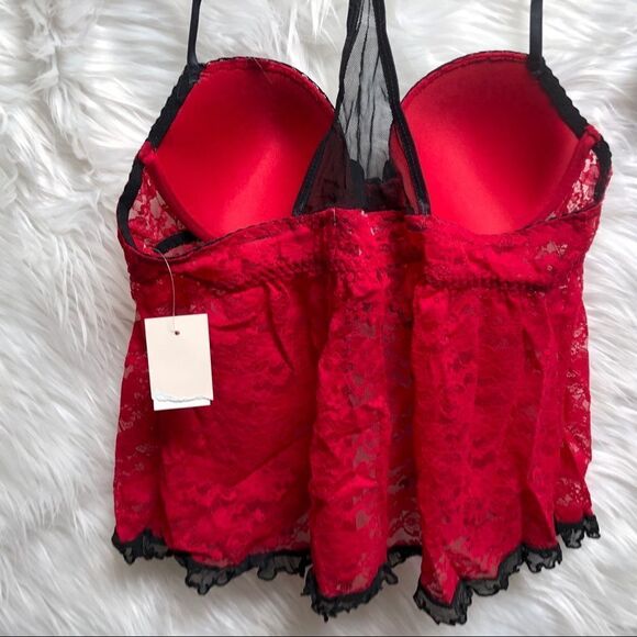 NWT Linea Donatella Intimates Camidoll & Thong Red w/ Black Lace Trim - Picture 7 of 15
